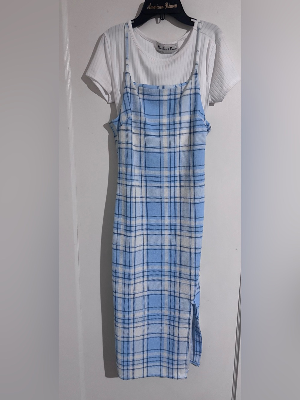 Light Blue Plaid Midi Slip Dress